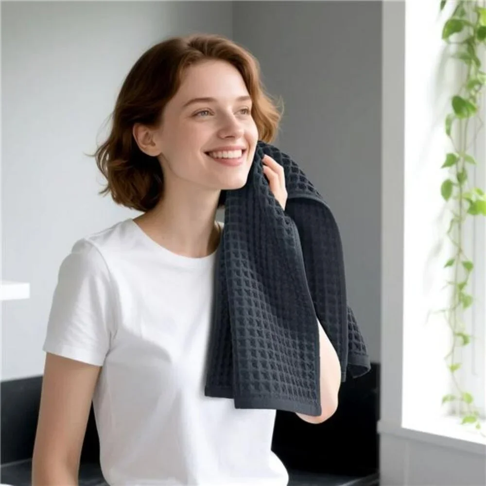 Waffle Hand Towels Set 2 Pack Cotton Quick Dry Lint Free Bathroom Kitchen Face